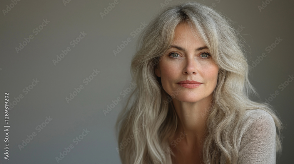 Naklejka premium A woman with long, flowing silver hair gazes softly at the viewer, exuding confidence and elegance against a neutral background. The gentle lighting accentuates her striking features