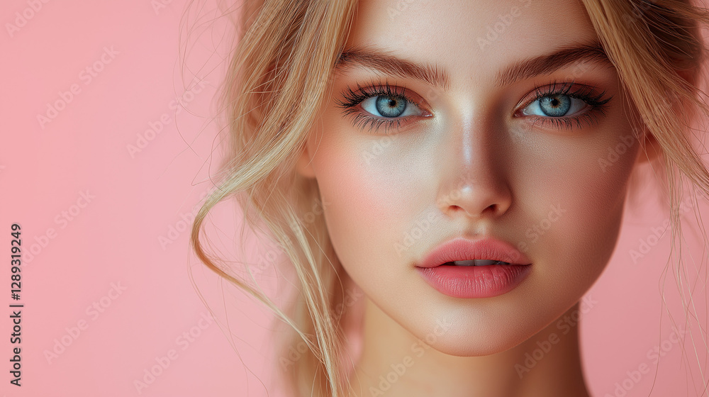 Soft lighting enhances the model's delicate features, showcasing her bright blue eyes and full lips. The pastel pink background creates a serene atmosphere, perfect for highlighting her beauty Soft lighting enhances the model's delicate features, showcasing her bright blue eyes and full lips. The pastel pink background creates a serene atmosphere, perfect for highlighting her beauty