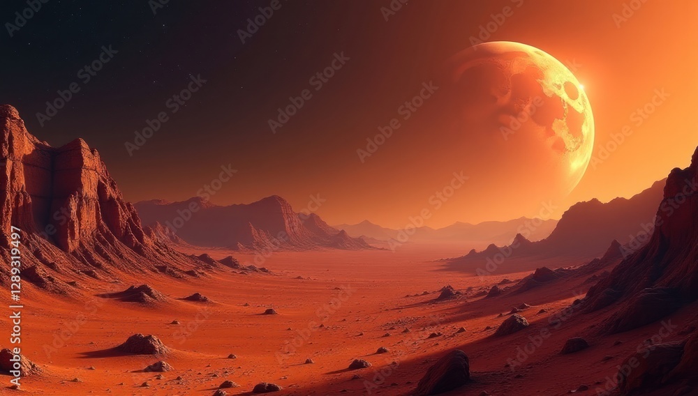 Naklejka premium Red Mars Landscape with Vast Canyon. Space Exploration Scene. Perfect for space exploration documentaries, science fiction book covers, futuristic concept art