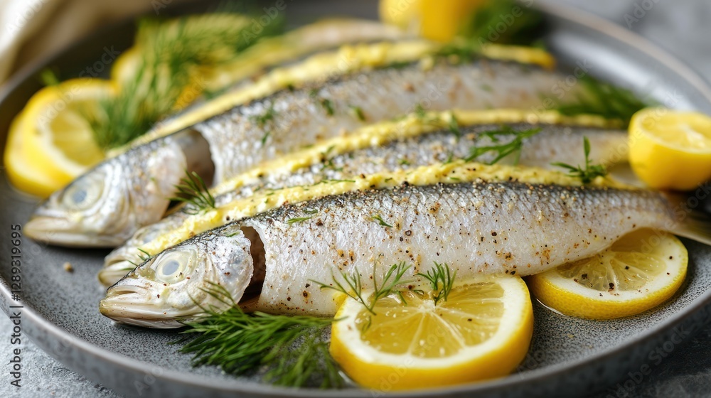Lemon-dill marinated sardines, plated, kitchen setting, food photography Lemon-dill marinated sardines, plated, kitchen setting, food photography