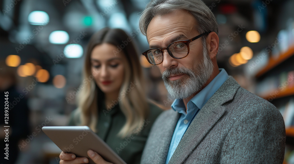 In a contemporary library, a well-dressed older man with glasses engages with a tablet, while a fashionable woman stands nearby, adding a touch of sophistication to the tranquil setting In a contemporary library, a well-dressed older man with glasses engages with a tablet, while a fashionable woman stands nearby, adding a touch of sophistication to the tranquil setting