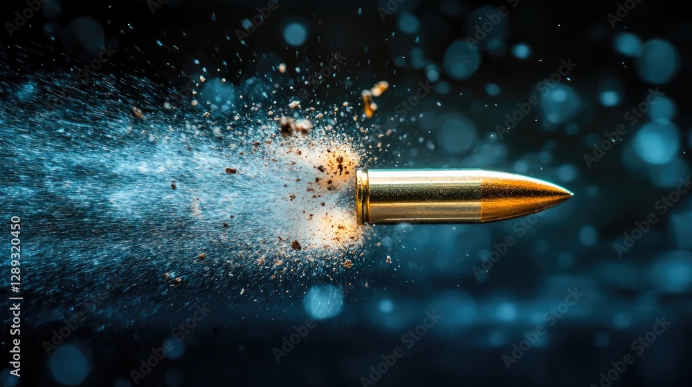 A high-speed bullet in motion with explosive energy and vibrant particles creating an intense scene of power and precision A high-speed bullet in motion with explosive energy and vibrant particles creating an intense scene of power and precision