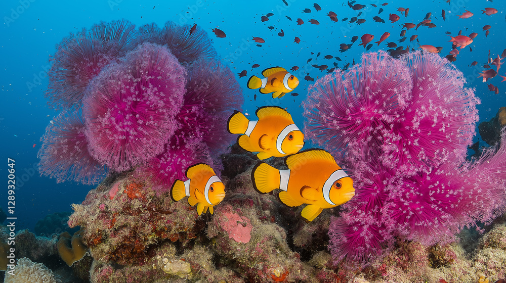 Fototapeta premium Colorful Clownfish Swimming Among Vibrant Coral in Clear Ocean