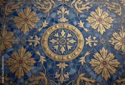 Wallpaper Mural Ornate blue and gold wallpaper design with intricate floral and leaf motifs, featuring a large symmetrical central flower surrounded by smaller flowers and leaves, perfect for elegant and sophisticate Torontodigital.ca