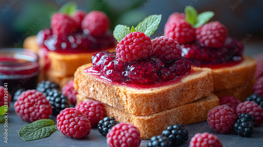 Freshly toasted bread is layered with luscious raspberry and blackberry jam, garnished with plump berries and mint leaves, creating a delightful breakfast Freshly toasted bread is layered with luscious raspberry and blackberry jam, garnished with plump berries and mint leaves, creating a delightful breakfast