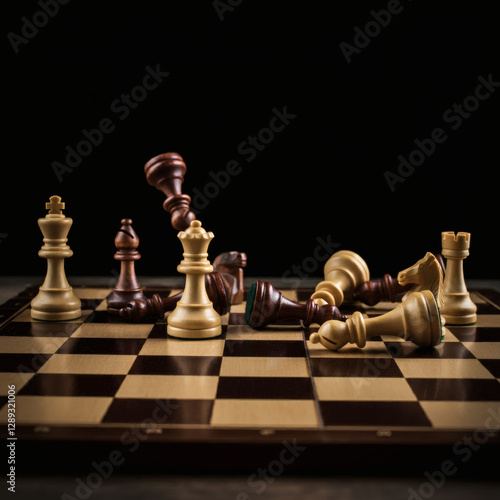 Dramatic close up of fallen chess pieces after intense match concept of strategy competition checkmate power intellectual battle