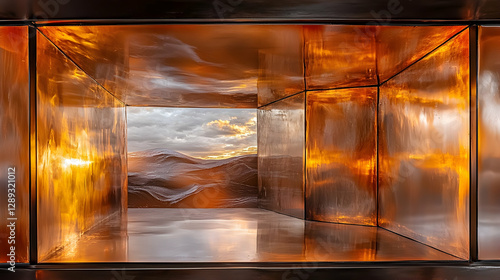 Abstract architectural tunnel, copper panels, sunset view, interior perspective