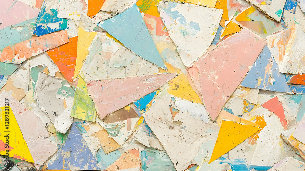 Fototapeta premium Colorful triangular paint chips, abstract pattern, demolition site, discarded materials