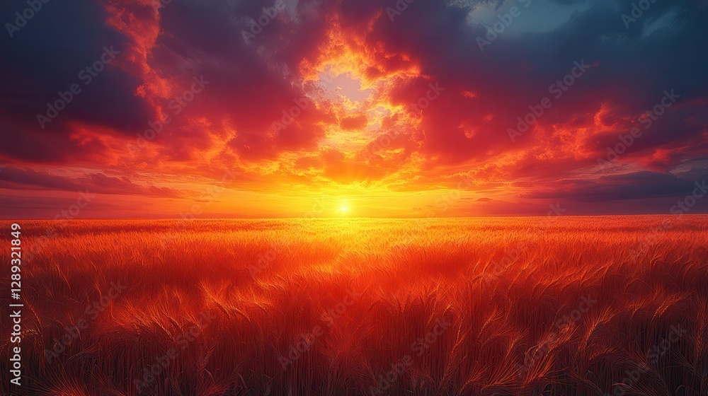 Fototapeta premium Golden Wheat Field Under a Fiery Orange Sunset