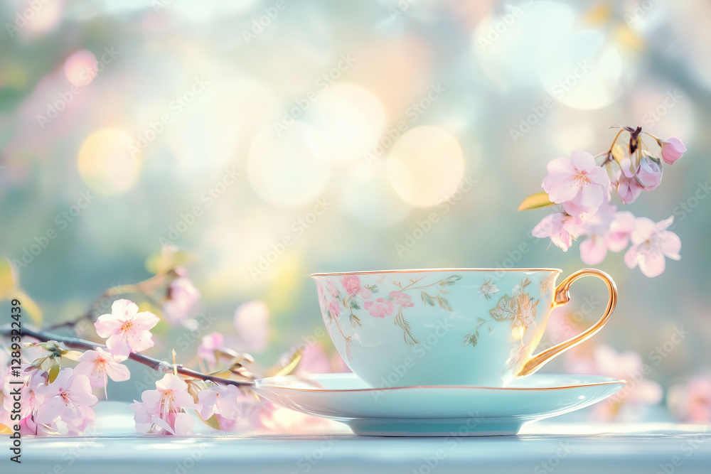 Pastel Pink Tea Cup with Cherry Blossoms in Soft Light Pastel Pink Tea Cup with Cherry Blossoms in Soft Light