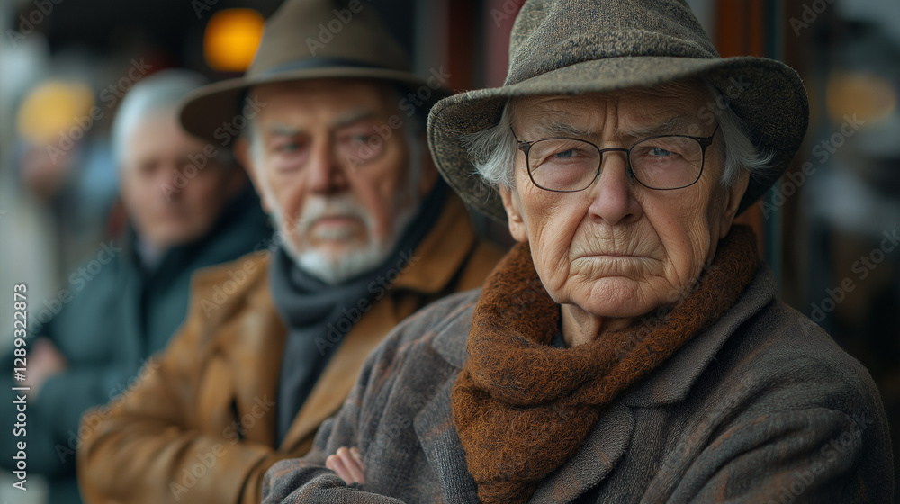 Three elderly men stand together on a lively street corner, their expressions a mix of wisdom and contemplation. The autumn chill is evident in their warm clothing as they observe life around them Three elderly men stand together on a lively street corner, their expressions a mix of wisdom and contemplation. The autumn chill is evident in their warm clothing as they observe life around them