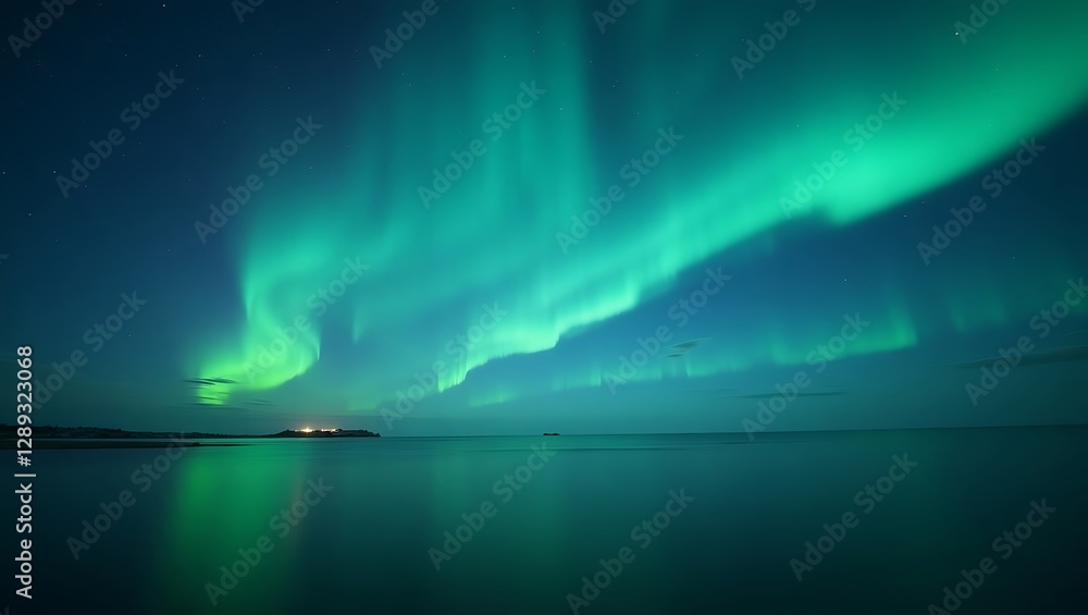 Naklejka premium Aurora Borealis over Calm Waters: A Night of Enchantment