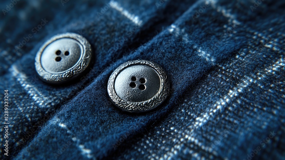 Close-up view of intricately designed buttons on a blue plaid fabric, highlighting the texture and craftsmanship in clothing design. Close-up view of intricately designed buttons on a blue plaid fabric, highlighting the texture and craftsmanship in clothing design.