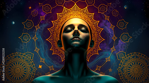 a person meditating, with a glowing light mandala surrounding their head, symbolizing inner peace and spiritual enlightenment