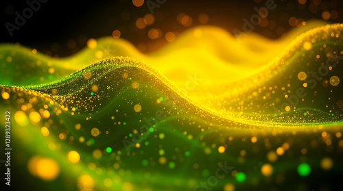 Abstract green waves with golden particles, symbolizing the energy of prosperity and abundance