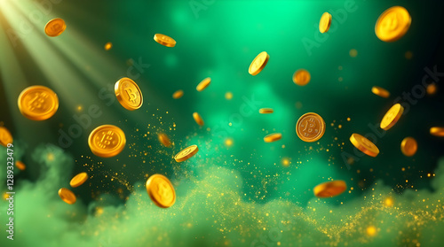 An abstract green background with golden coins floating and falling, creating a sense of abundance and prosperity