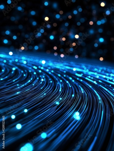 Digital Threads: Captivating, futuristic visual of a network, lines intertwining and emanating radiant light across a dark background, signifying the complex.