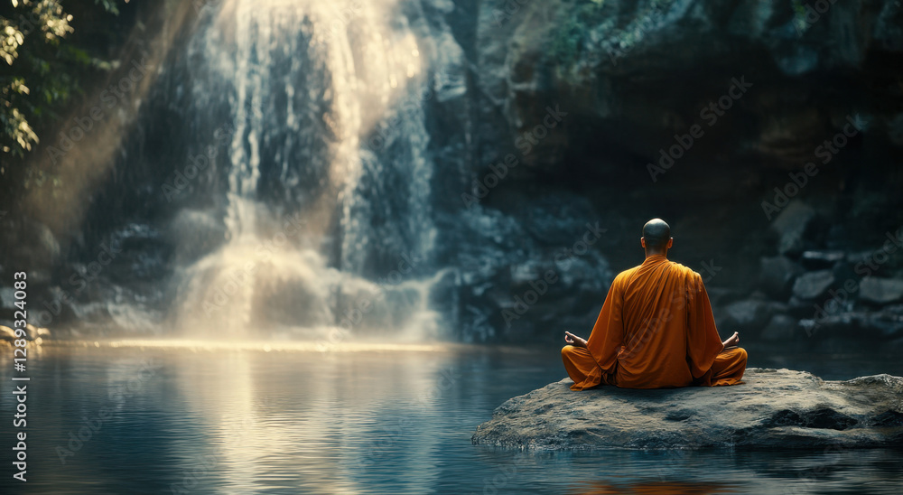A monk sits in deep meditation on a rock near a serene waterfall, surrounded by lush greenery and the soothing sounds of nature A monk sits in deep meditation on a rock near a serene waterfall, surrounded by lush greenery and the soothing sounds of nature