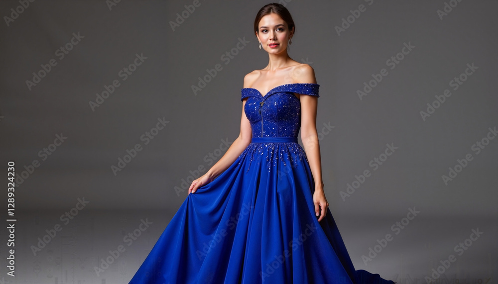 Elegant woman in blue gown posing against grey background Elegant woman in blue gown posing against grey background