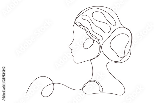 Line Art Woman Face Portrait. Continuous Line Doodle Silhouette Modern Drawn Female Head. Abstract Simple Outline Sketch Girl Person Profile Artwork. Woman Day Greeting Card Decoration