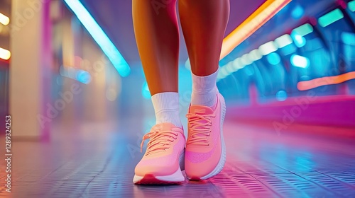 Stylish sports shoes in a vibrant, neon-lit corridor, highlighting modern athletic fashion and urban lifestyle