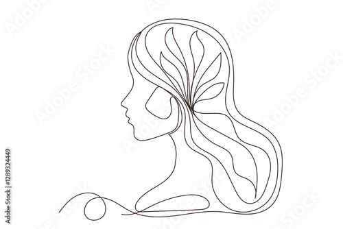 Line Art Woman Face Portrait. Continuous Line Doodle Silhouette Modern Drawn Female Head. Abstract Simple Outline Sketch Girl Person Profile Artwork. Woman Day Greeting Card Decoration