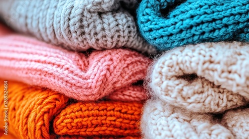 Vibrant display of cozy knitted sweaters in assorted colors showcasing texture and warmth