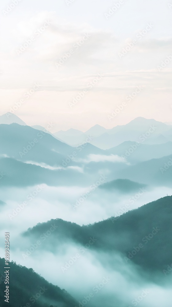 Fototapeta premium Misty morning mountains with soft clouds and a pastel gradient sky create a dreamy atmosphere for a phone background wallpaper