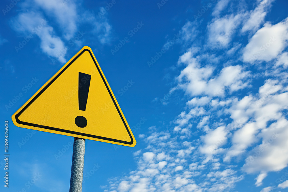 Bright warning sign under blue sky with clouds in the background Bright warning sign under blue sky with clouds in the background