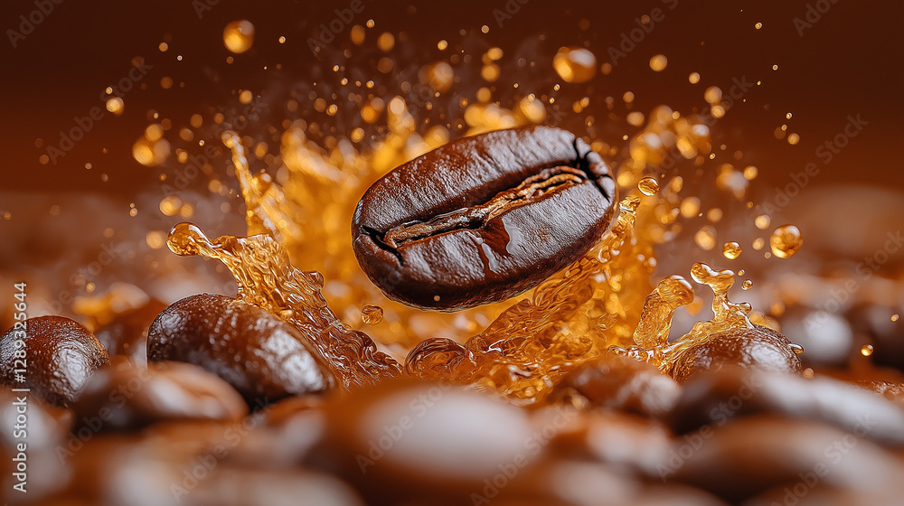 Droplets of golden liquid cascade around a single coffee bean, creating a dynamic splash that embodies the joy of brewing. Rich textures glisten under soft light, invoking warmth and comfort Droplets of golden liquid cascade around a single coffee bean, creating a dynamic splash that embodies the joy of brewing. Rich textures glisten under soft light, invoking warmth and comfort