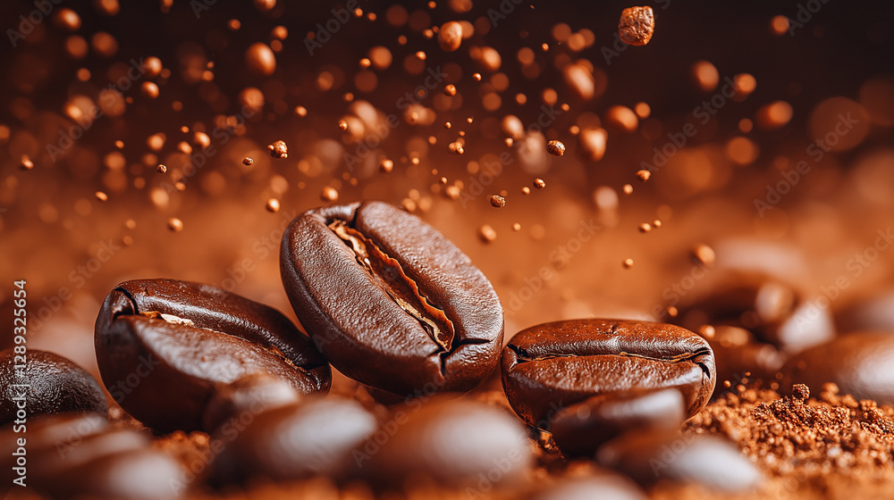 Roasted coffee beans scatter across a surface, releasing a rich aroma. Ground coffee dust swirls around them, enhancing the intoxicating essence of morning rituals Roasted coffee beans scatter across a surface, releasing a rich aroma. Ground coffee dust swirls around them, enhancing the intoxicating essence of morning rituals