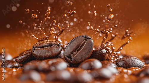 Droplets of liquid dance in the air as fresh coffee beans lie scattered, entwined in a moment of vibrant energy. The dark, shimmering hues evoke feelings of warmth and comfort photo