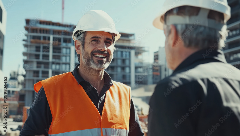 Two construction workers in safety gear converse at a busy construction site filled with materials and cranes, sharing insights and laughter Two construction workers in safety gear converse at a busy construction site filled with materials and cranes, sharing insights and laughter