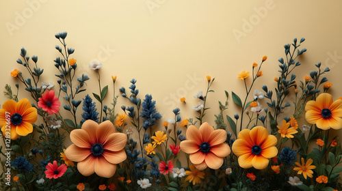 A cheerful array of large and small flowers in vibrant hues creates a lively display. The warm yellow backdrop highlights the intricate petals, invoking a sense of joy and tranquility