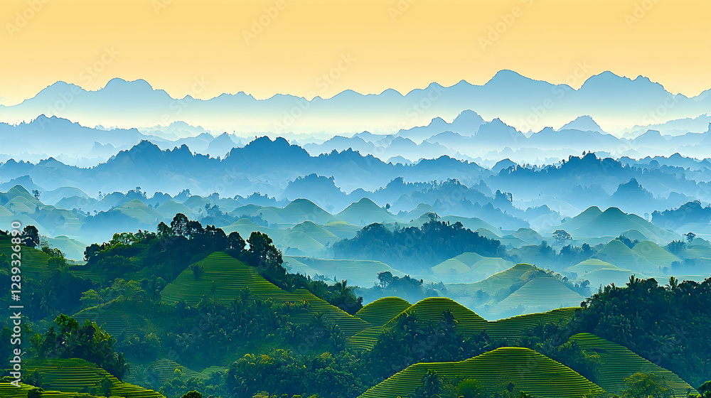 Fototapeta premium Misty sunrise over rolling green hills and distant mountains, scenic vista, ideal for travel brochures