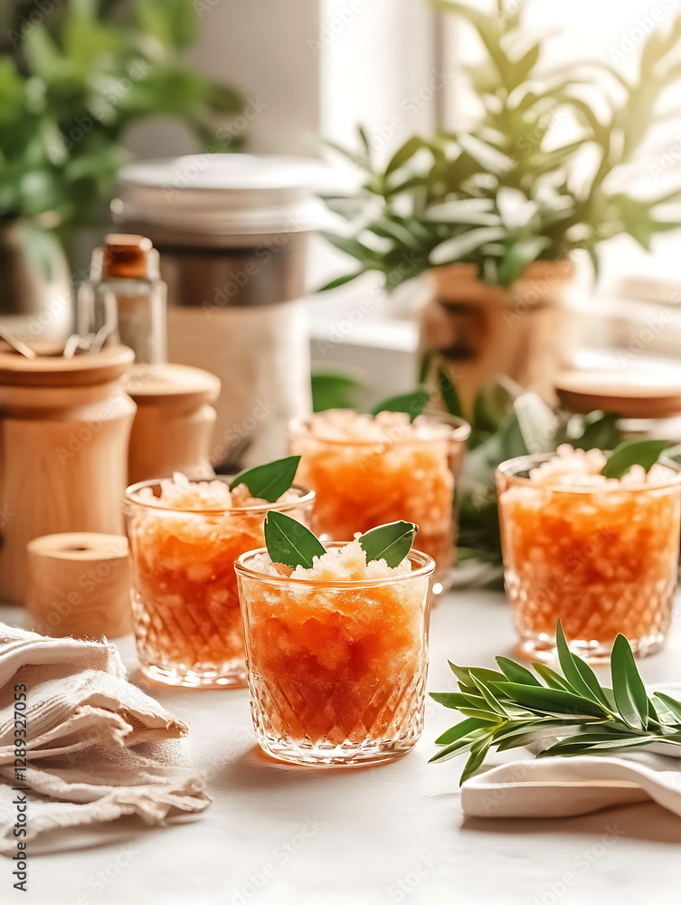 Refreshing summer drinks with crushed ice and mint garnish arranged on a countertop with natural light and plants. Refreshing summer drinks with crushed ice and mint garnish arranged on a countertop with natural light and plants.