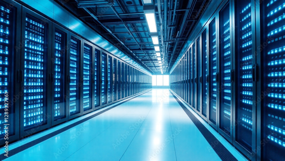 Futuristic Data Center Server Room with Blue LED Lights Futuristic Data Center Server Room with Blue LED Lights