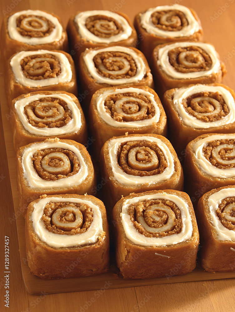 Fototapeta premium Rows of freshly baked cinnamon rolls glazed with creamy frosting arranged neatly on a wooden board perfect for sharing.