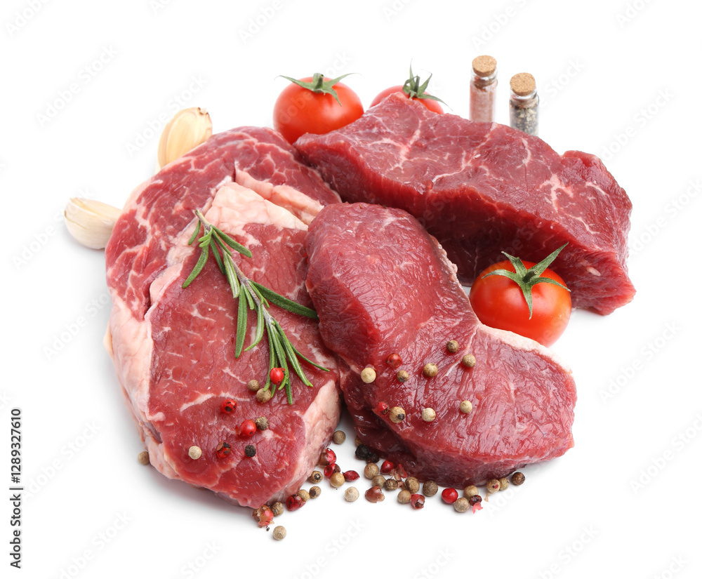 Pieces of raw beef meat, spices and tomatoes isolated on white Pieces of raw beef meat, spices and tomatoes isolated on white