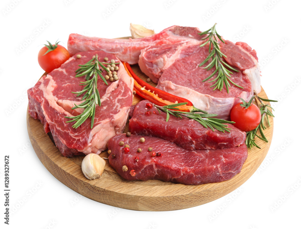 Pieces of raw beef meat, spices and tomatoes isolated on white Pieces of raw beef meat, spices and tomatoes isolated on white