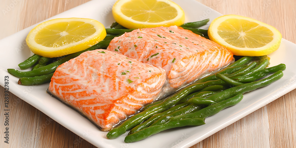 Two salmon fillets rest on green beans garnished with lemon slices served on a white plate. Two salmon fillets rest on green beans garnished with lemon slices served on a white plate.