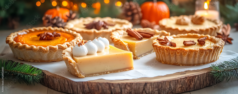 Assorted holiday mini pies including pumpkin and custard varieties arranged on a rustic wooden board with festive decorations. Assorted holiday mini pies including pumpkin and custard varieties arranged on a rustic wooden board with festive decorations.
