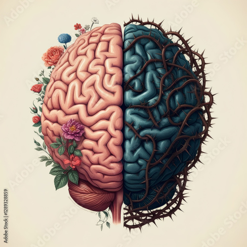 Surreal half-light and half-dark brain covered with flowers and thorns representing opposing mindsets