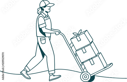 Parcel Delivery Driver with Hand Truck and Packages - Vector Design