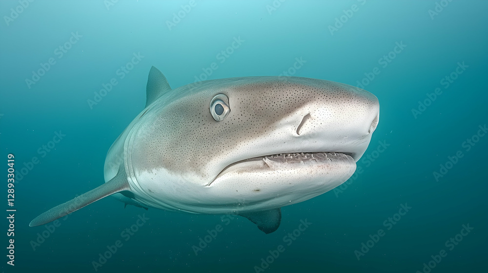 Fototapeta premium Oceanic shark underwater close-up portrait, turquoise background, marine wildlife, scuba diving image