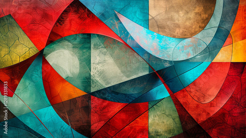 A colorful abstract design featuring interwoven polygons in vibrant shades of red, turquoise, and lime green.