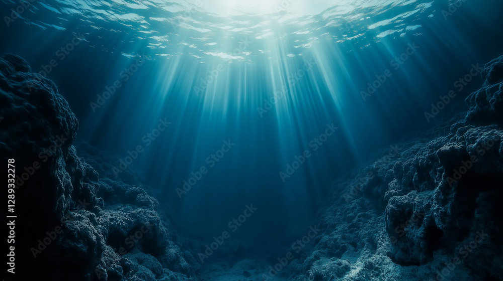 Sunlight Rays Piercing Through Deep Blue Ocean Depths Underwater Sunlight Rays Piercing Through Deep Blue Ocean Depths Underwater
