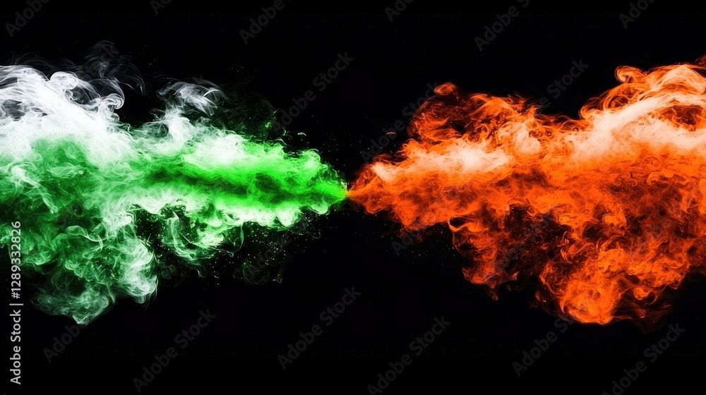 Abstract smoke in orange and green tones swirls gracefully against a black background, creating a mesmerizing display of color and movement. This captivating image includes ample copy space. Abstract smoke in orange and green tones swirls gracefully against a black background, creating a mesmerizing display of color and movement. This captivating image includes ample copy space.
