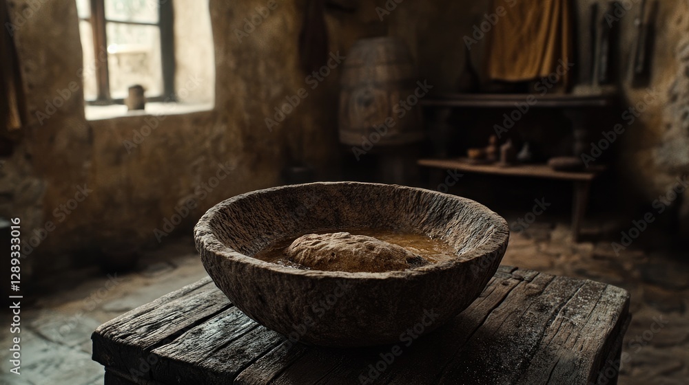Rustic wooden bowl with dough resting inside, surrounded by an old kitchen setting filled with historical artifacts and warm lighting Rustic wooden bowl with dough resting inside, surrounded by an old kitchen setting filled with historical artifacts and warm lighting
