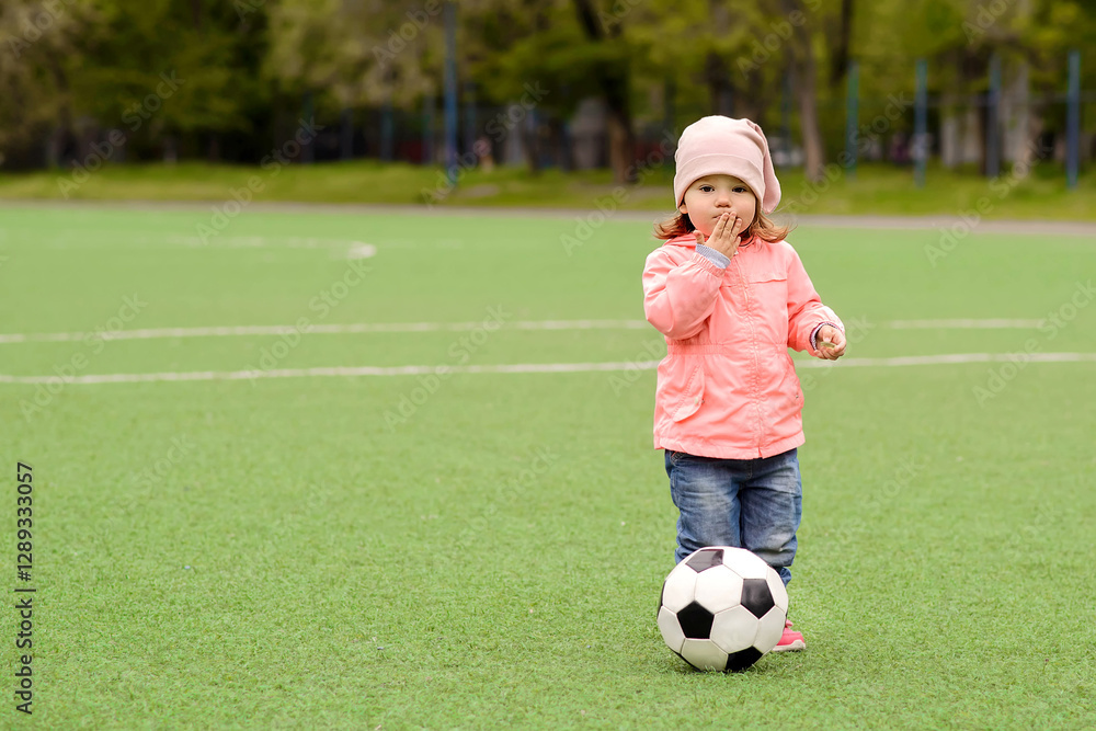 A cute toddler girl in pink jacket and beanie standing on football field with soccer ball, playfully blowing a kiss. Adorable childhood moment, outdoor fun, and love for sports in action. A cute toddler girl in pink jacket and beanie standing on football field with soccer ball, playfully blowing a kiss. Adorable childhood moment, outdoor fun, and love for sports in action.